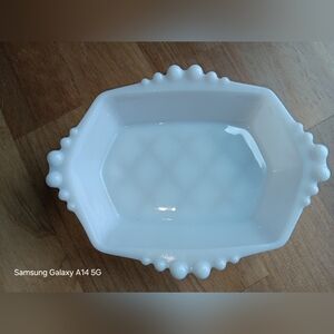 Vintage Quilted Bead PatternMilk Glass Serving Dish, Trinket Tray
